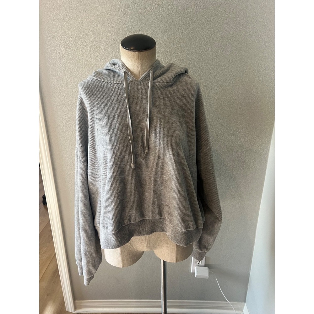 American Eagle Women M Gray Ribbed Knit Pullover Hoodie Long Sleeve Relaxed Fit